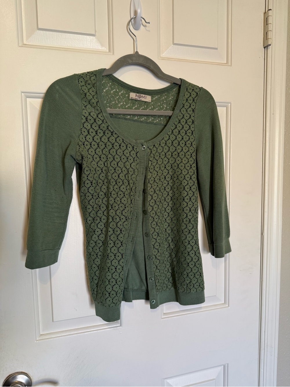 Sage Green Lace-Front Button up Women's Cardigan Sweater